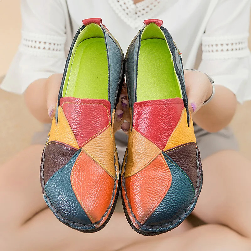 WOIZGIC Female Ladie Mother Genuine Leather Shoes Flats Loafers Moccasins Slip On Colorful Plus Size 41 42 241225