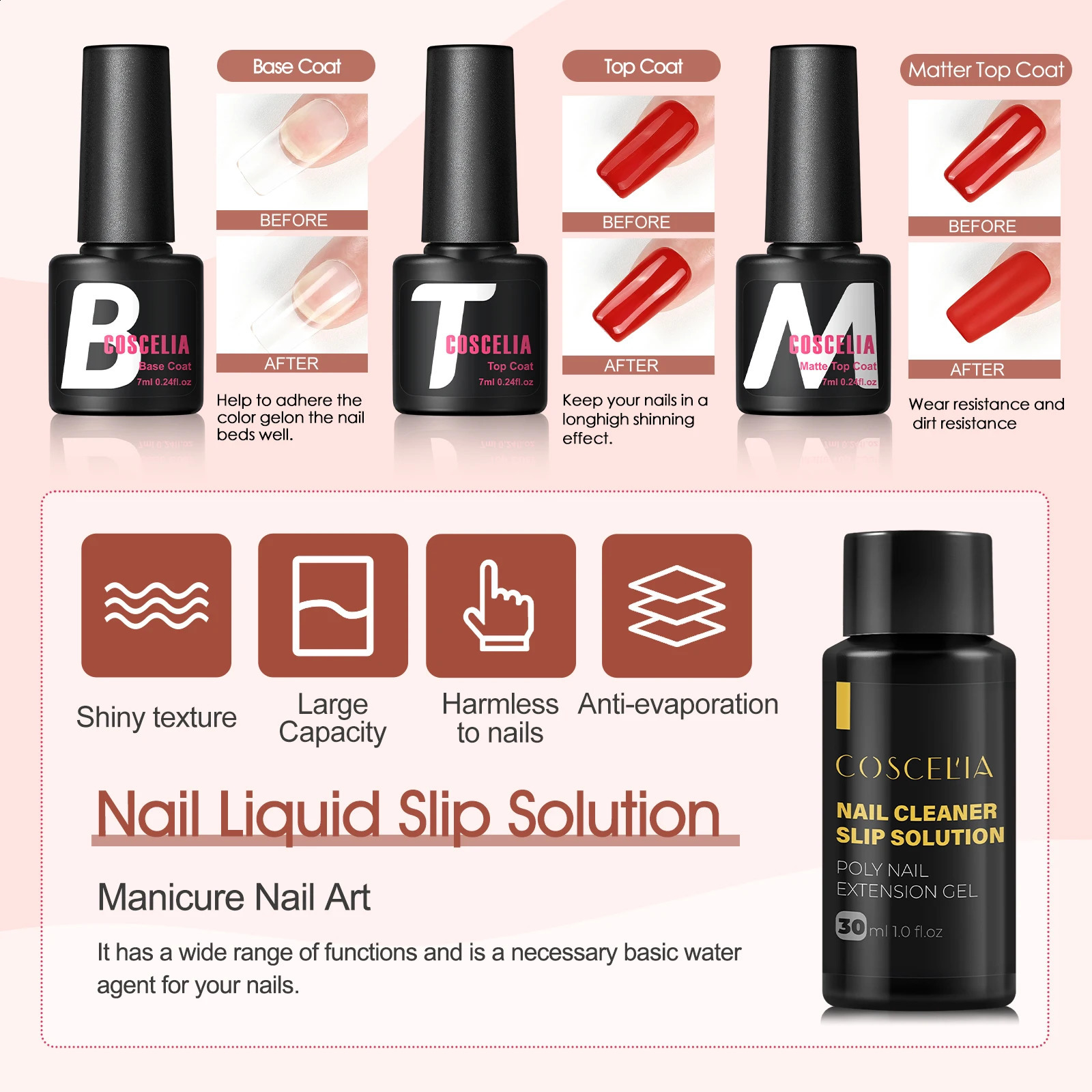 COSCELIA 20PCS Poly Nail Gel Set with 30ML Slip Solution Base Glossy Matte Top Coat with Manicure Decoration for Girls Art Salon 241230