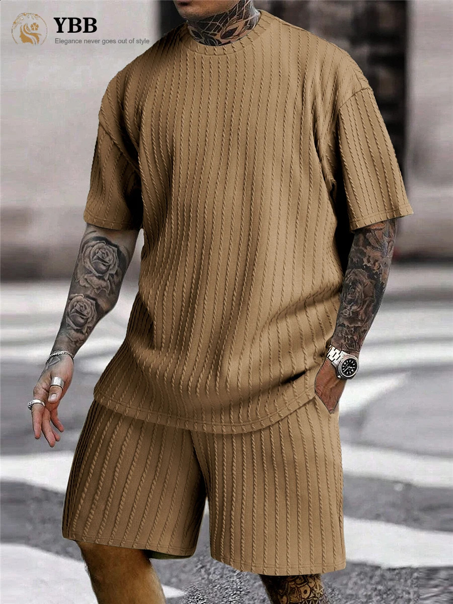 Mens Two Piece Suits Fashion Solid Stripe Shortsleeve Tshirts Shorts Men Spring Summer Clothing Casual Gym Sets Streetwear 241223
