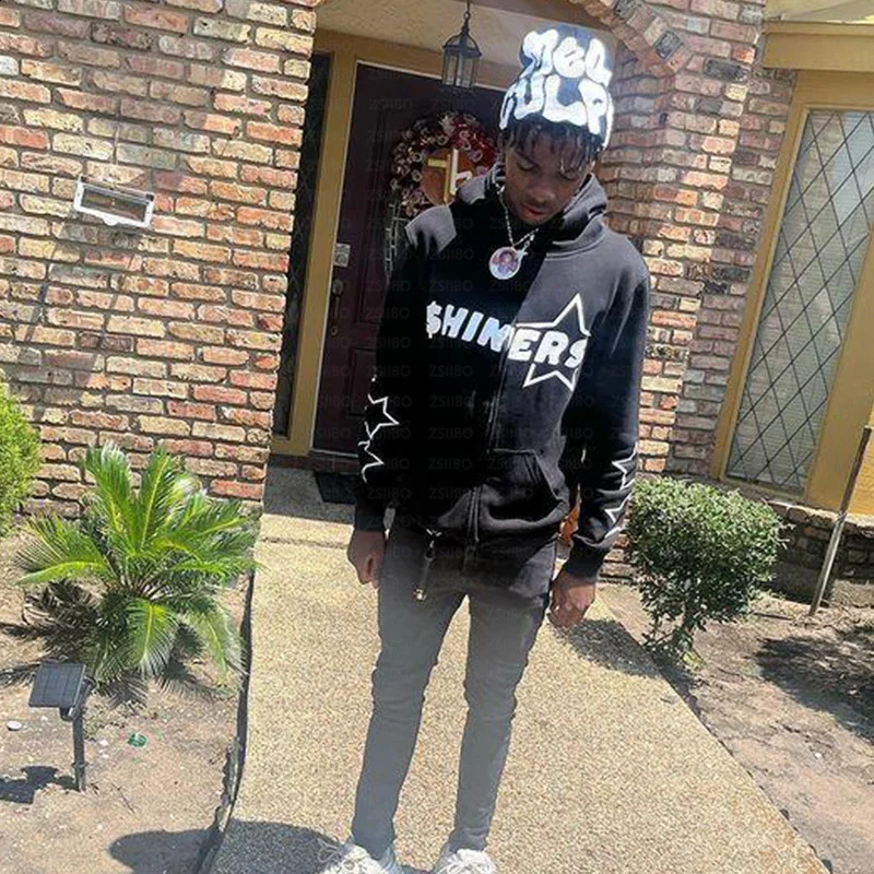 Star Letter Print Hoodie Men Retro Zip Up Long Sleeve Loose Jacket Coats Harajuku Casual Gothic Hooded Sweatshirt Y2K Streetwear 241230