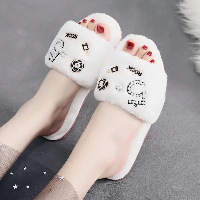 wer perfume slippers plush flip ps camellia pearl beading fur sandals women pantufas cozy home slides XXX