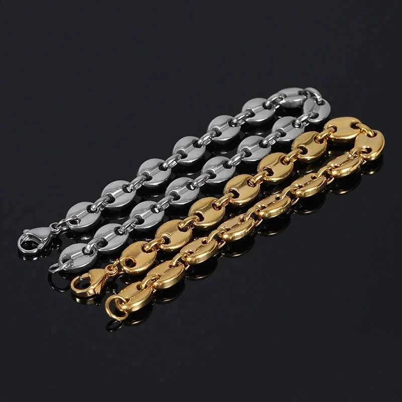 Coffee Beans Pig Nose Chain Bracelet Men Stainless Steel Jewelry Polished Strong Gold Plated Color 241230