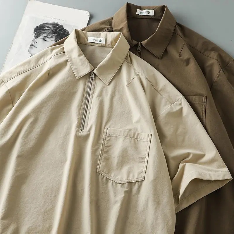 American Work Polo Shirt Mens Preppy Short Sleeved Blouse Summer Oversized Retro Loose Zippered Lapel Shirt T-shirt Top Garment 241230