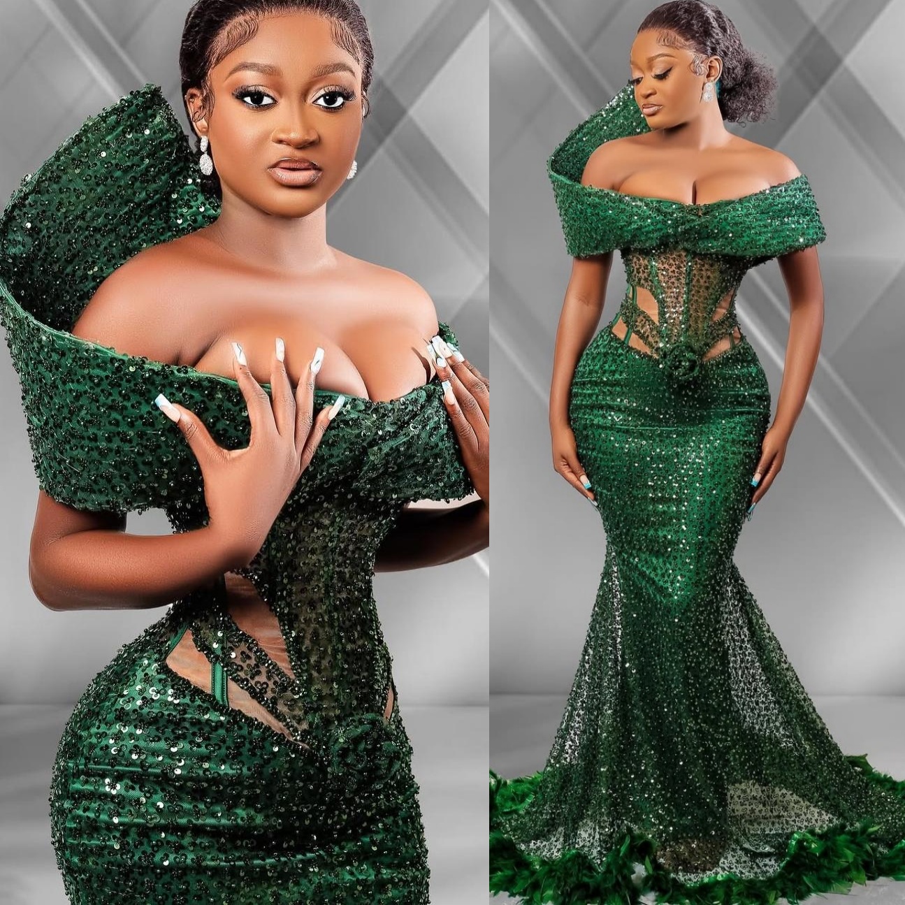 Plus Size Dark Green Mermaid Prom Dresses For Special Ocn Sequined Illusion Evening Formal Party Second Reception Birthday Engagement Gowns Dress
