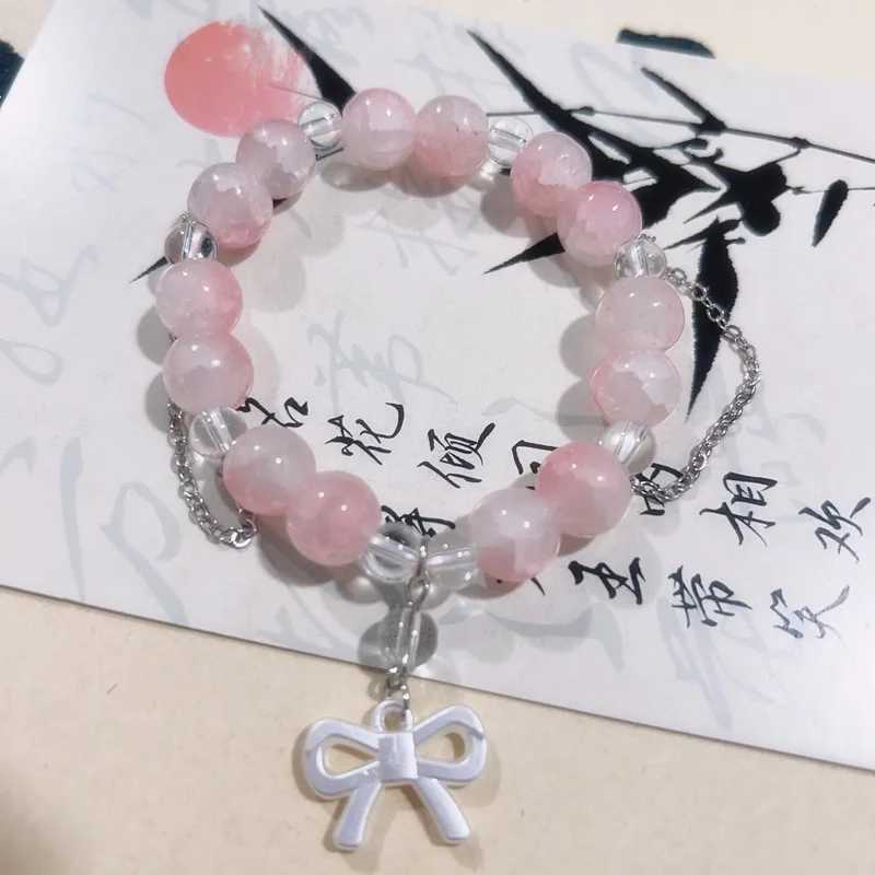 New Pink Bead Crystal Bracelet Suitable for Women Korean Girls Flower Feather Tassel Bracelet 2024 Best Friend Jewelry Gift W241231