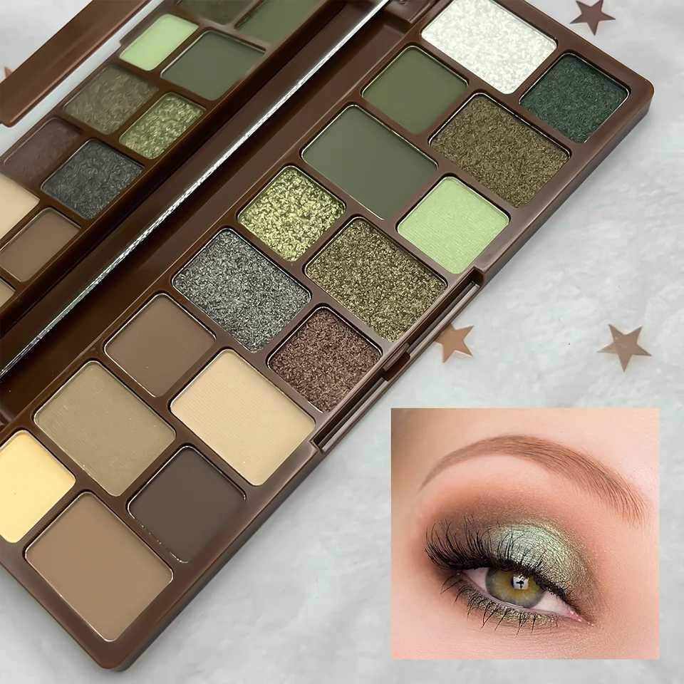 16 color eye shadow palette brown and green neutral and earth brown tones matte and glitter finish for eye makeup W241230