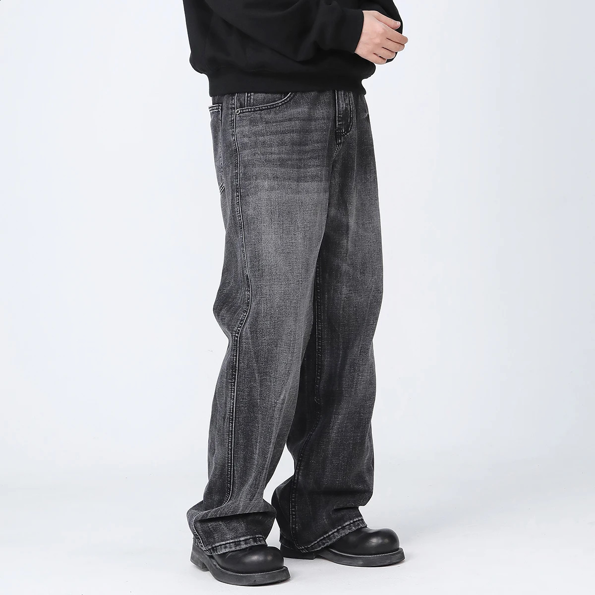 SSOUL Mens Black Plus Size Jeans Spring and Autumn Straight Loose Wide Leg Flared Pants Mens Pants 241230