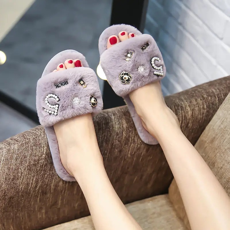 wer perfume slippers plush flip ps camellia pearl beading fur sandals women pantufas cozy home slides XXX