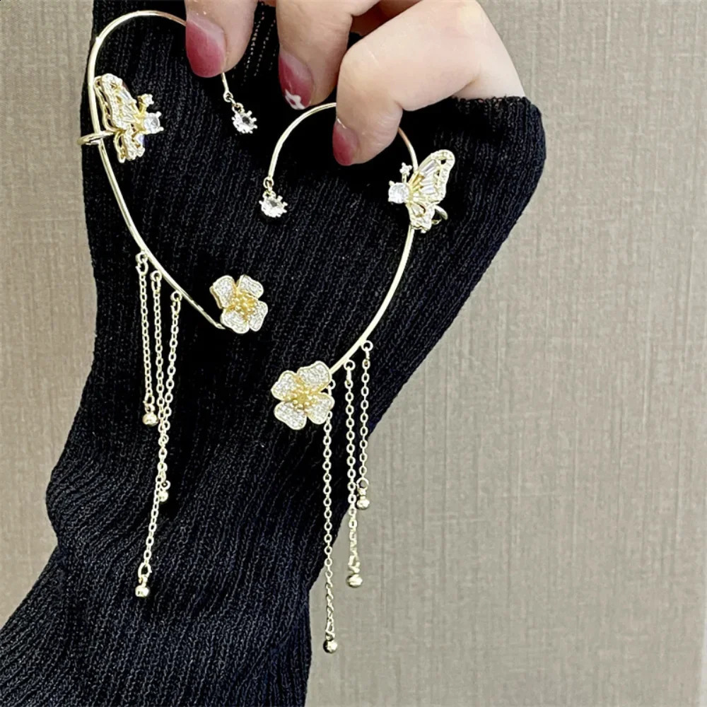 Shiny Zircon Butterfly Ear Cuff Gold Color Tassel Clip Earrings for Women Korean Copper Earring Without Piercing Fashion Jewelry 241225