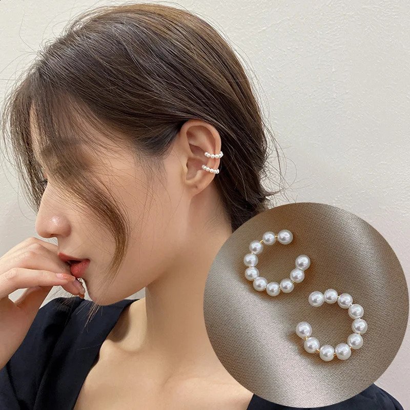 2023 Korea Trendy Charm Pearl Beaded Ear Cuff Clip Earring for Women Piercing Bone Cshaped Jewelry Accessory Wholesale 241225