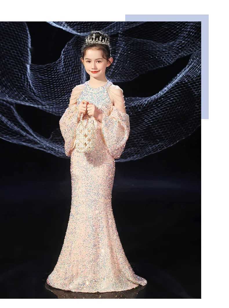 Girl Children Wedding Dress Princess Childrens Birthday Dress Bead Long Ceremony Dress Princess Robe Baby Fillers W241231