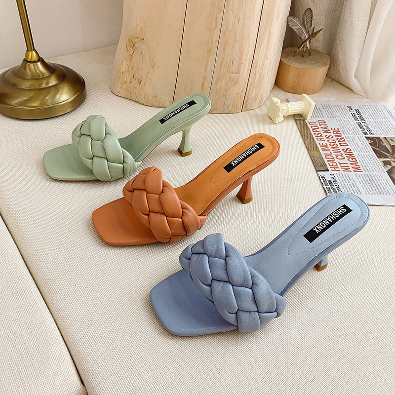 Square Ddmywed Summer Head Knitted Edition Outerwear Slippers With One Line Open Toe High Heels And Cool Dragging Women S Shoes Trendy Chinese Brand F