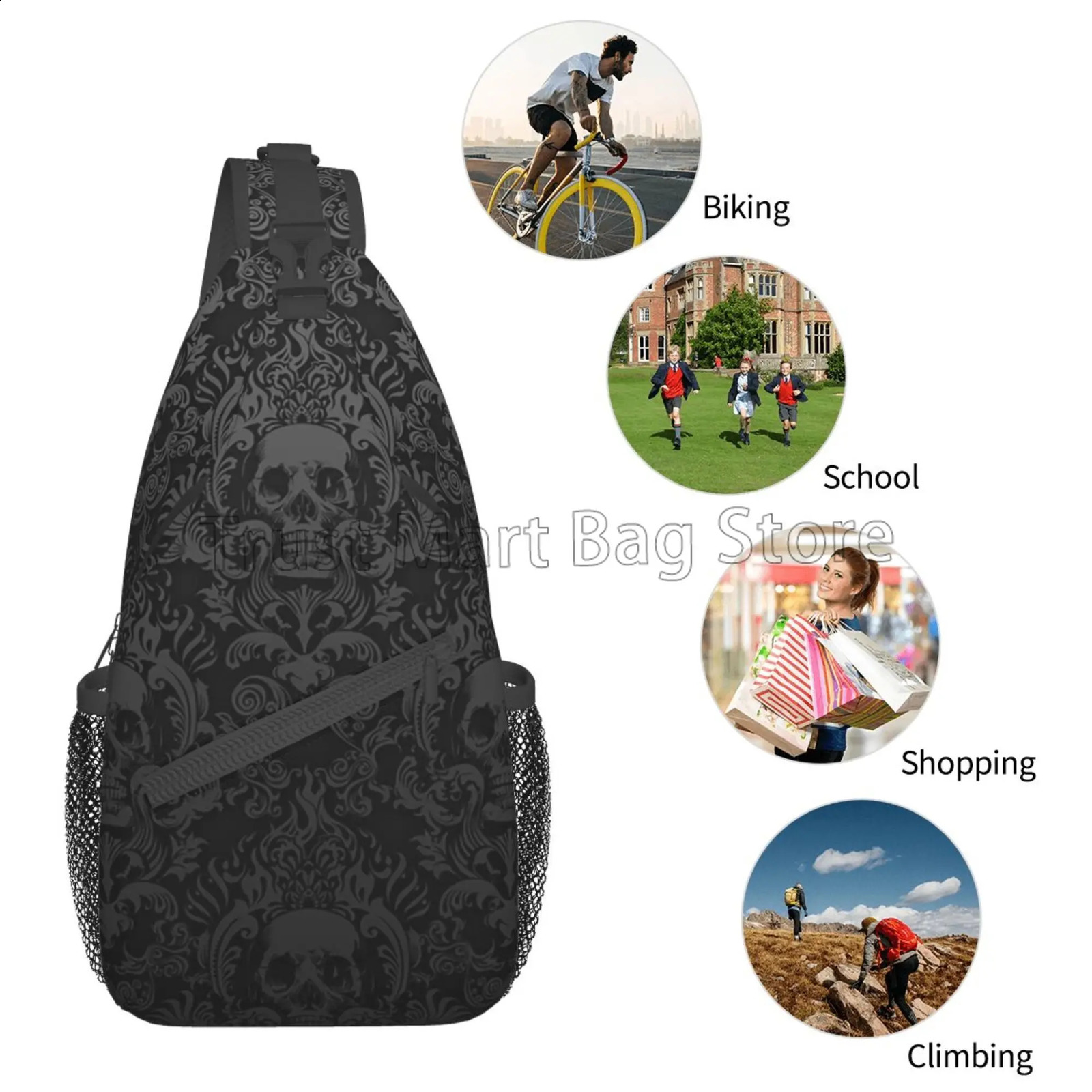 Vintage Black Gothic Skull Damask Sling Bag Crossbody Shoulder Bag Casual Sling Backpack Chest Bag Travel Sports Hiking Daypack 241230