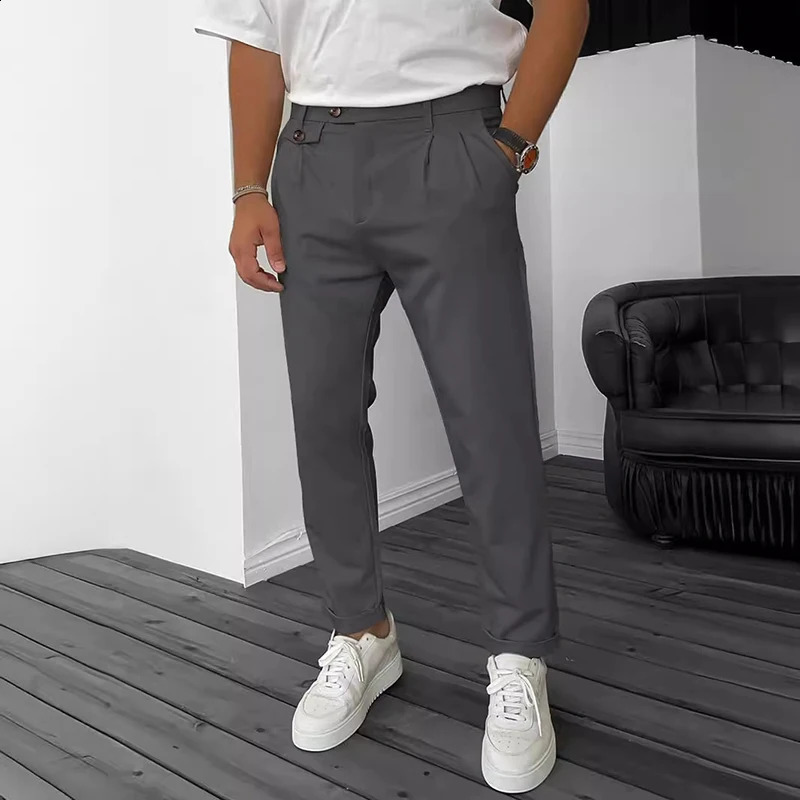Fashion Buttoned n Pencil Pants Mens Spring Summer Casual Solid Color Straight Trousers For Men Vintage Pleated 241230Z