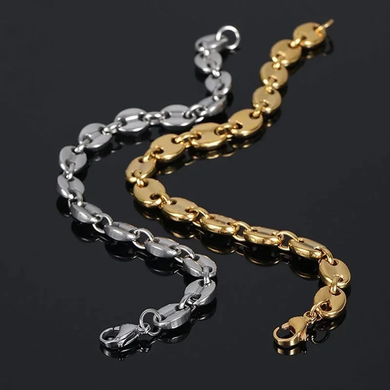 Coffee Beans Pig Nose Chain Bracelet Men Stainless Steel Jewelry Polished Strong Gold Plated Color 241230