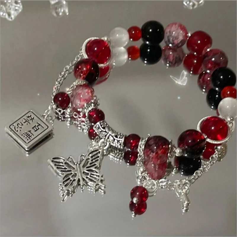 Chinese style red crystal feather cross pendant bracelet womens retro elastic bead chain bracelet jewelry gift W241231