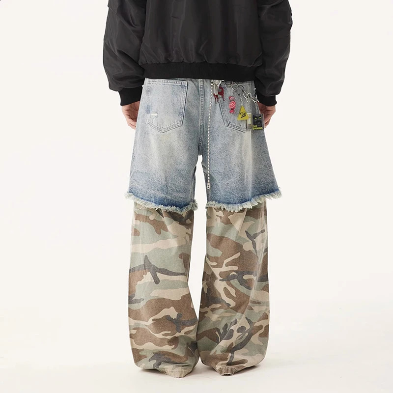 PFNW Niche Mens Jeans Washed Distressed Colorblock Splic Two Piece Loose Straight Trousers Wide Leg Pants 28W5474 241224