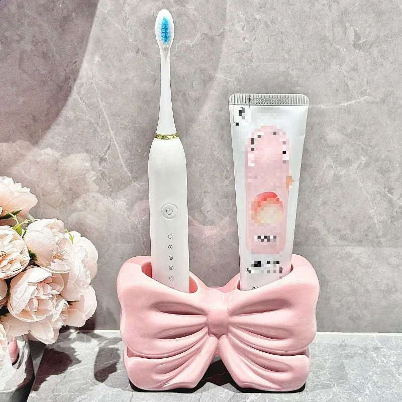1pc Ceramic Bow Toothbrush Holder Ornament Ceramic Toothbrush Toothpaste Storage Rack Bathroom Accessories Brush Holder 241230