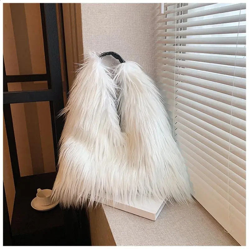 Wool Womens Winter Warm Plush Crossbody Shoulder Bags Y2k Girls Faux Fur Bucket Bag Fashion Female Furry Purse Tote Handbags 241231