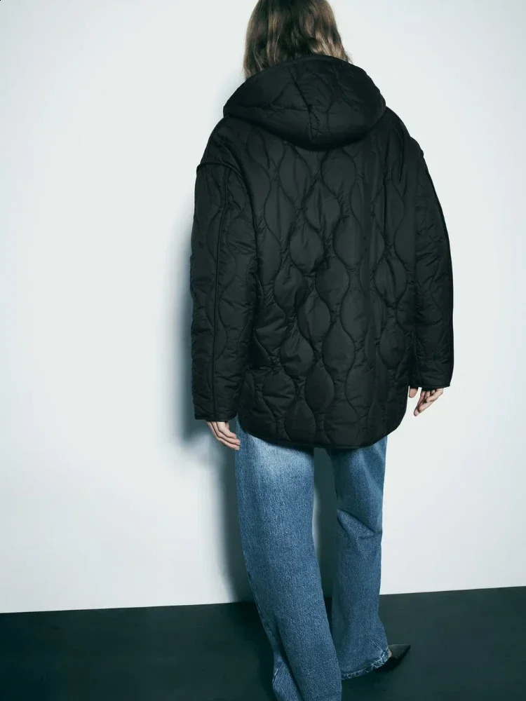 Womens Quilted Water Repellent Long Jacket Spring High Collar Sleeves Hem Side Vents Zip Hooded Coat Top 241230