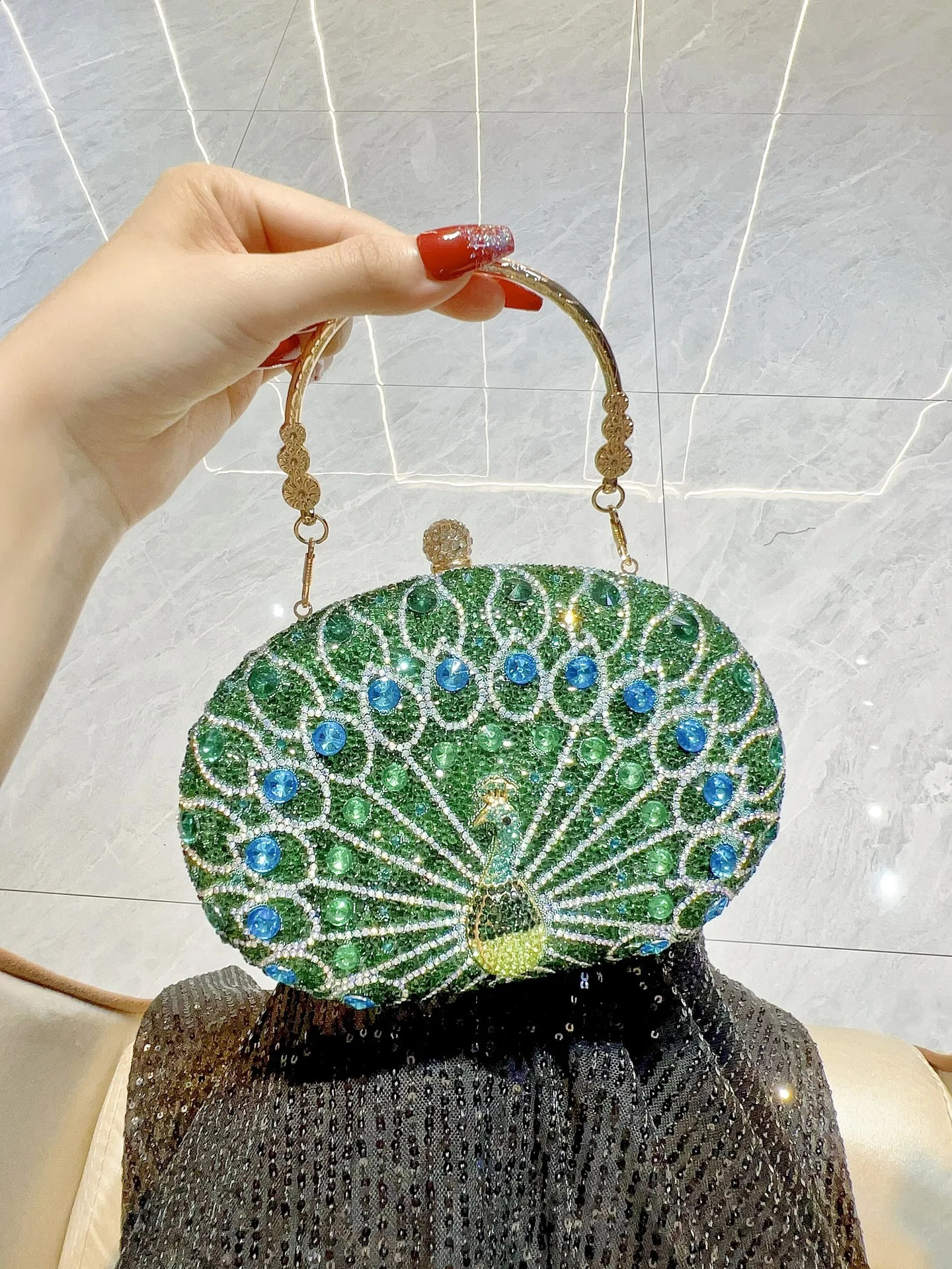 Light BLUE Sapphire Crystal Peacock Clutch Women Evening Bags Wedding Party Dinner Bridal Rhinestone Handbag 241231