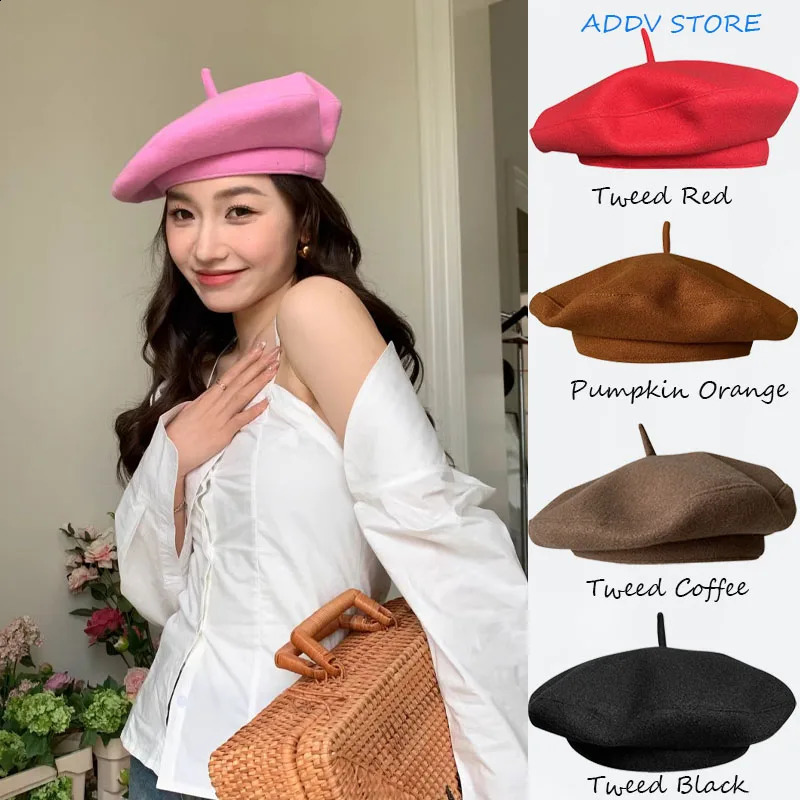 Hight Quality Sweet Wool Blend Beret Winter Spring Caps for Women Lovely Pink Painter Hat Flying Saucer Hat Sombreros De Mujer 241226