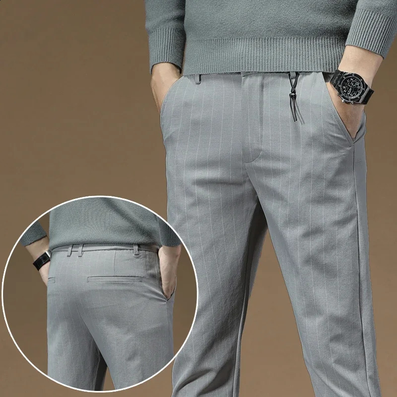 Male Business AnkleLength Straight Pencil Slacks N Leg Cropped Trouser Men Black Gray Striped Slim Fit Cool Pants 241230