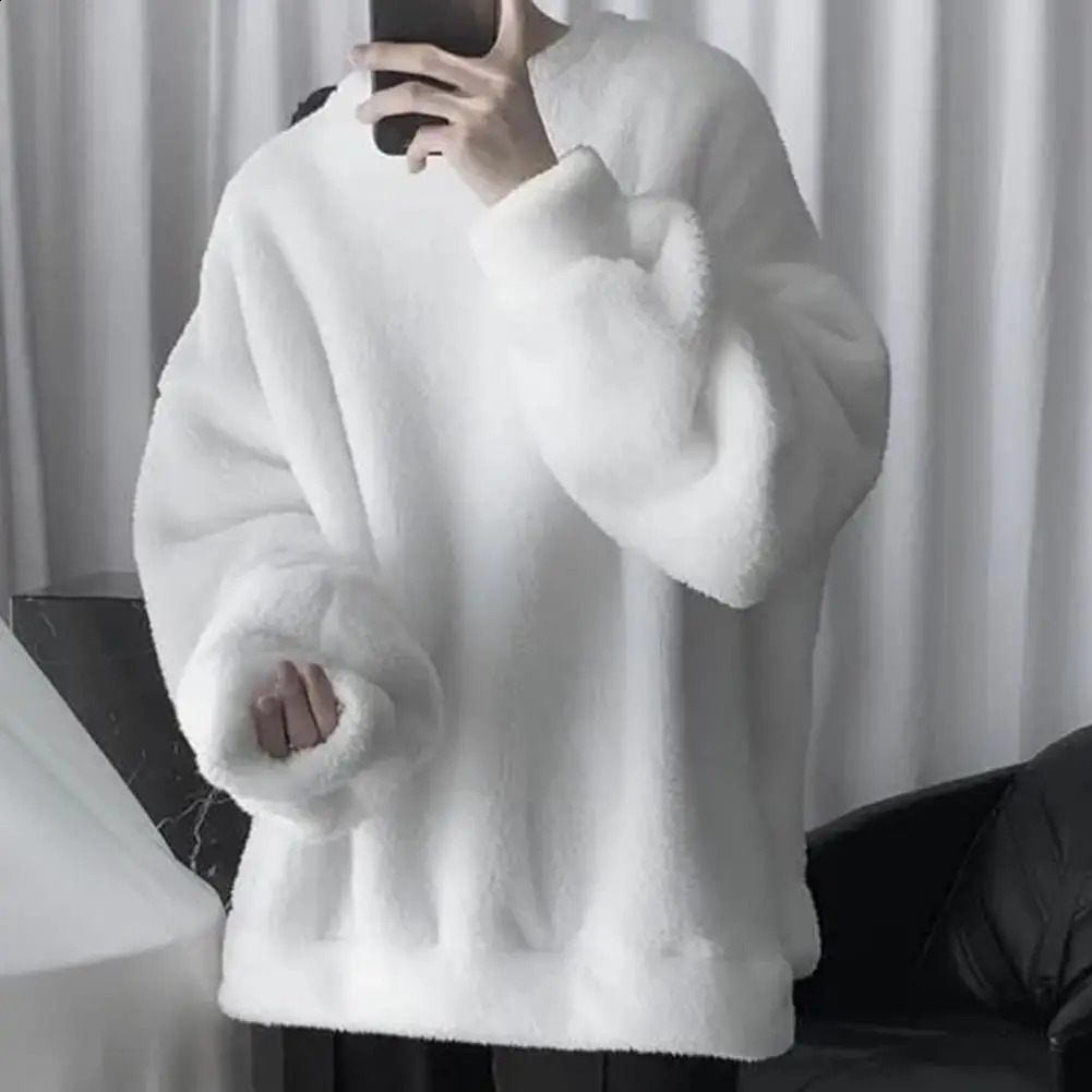 Lamb Wool Fleece Men Sweatshirt O Neck Loose Cozy Winter Pullovers Push Lining Fluffy Winter Sweatshirt Crew Neck Loose Hoodie 241230