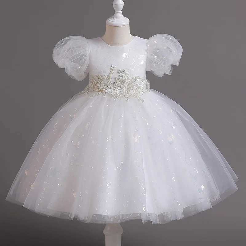 Girl Summer Short distance Puffed Sleeve Court Slender Princess Dress Pure White Dress Flower Children Piano Performance #c551 W241231