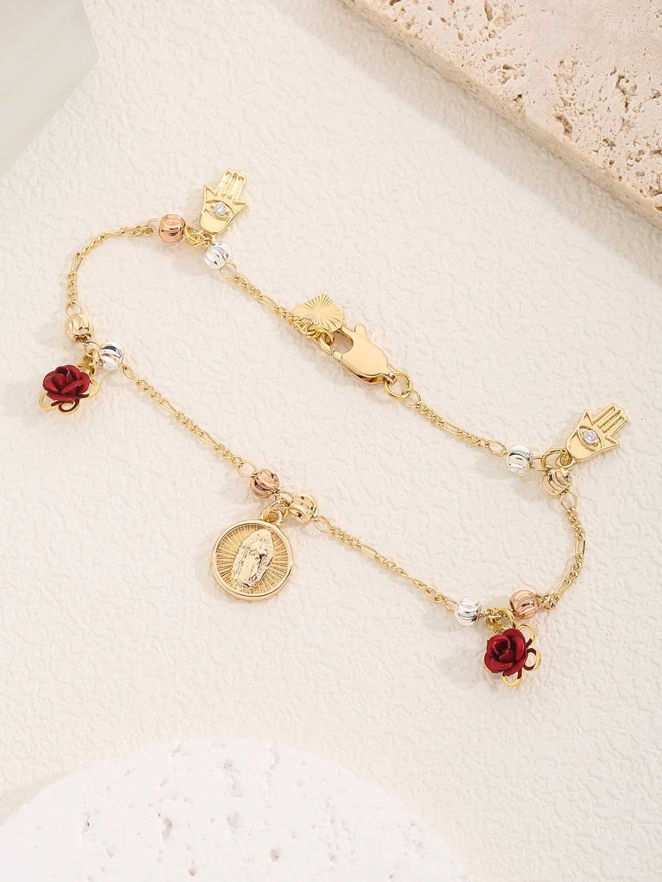 FanSibao Rose Madonna Pendant Watermelon Pattern Prayer Bead Bracelet Exquisite Jewelry Christmas Gift W241231