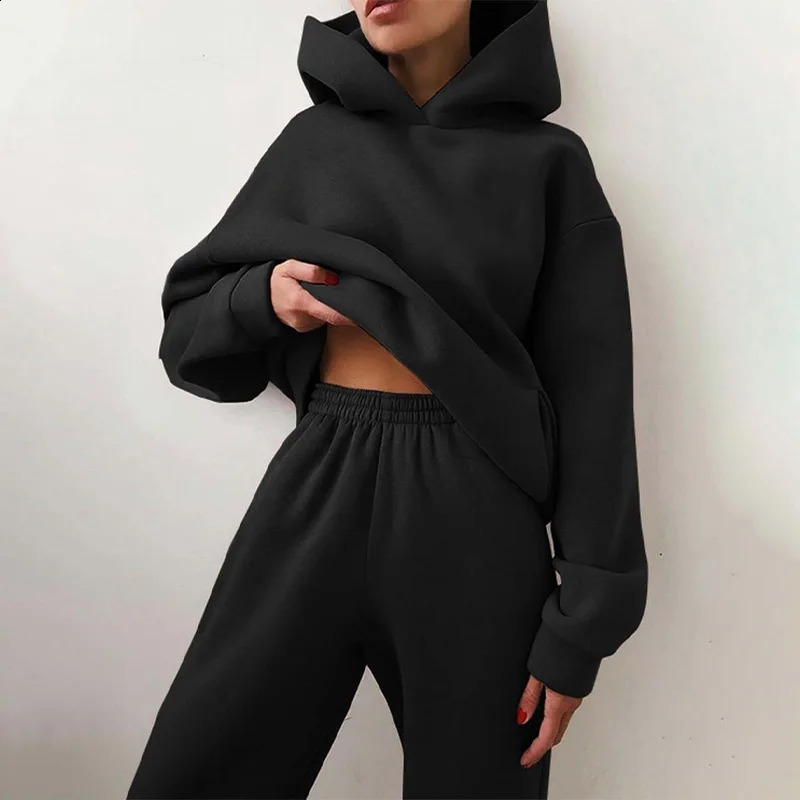 Solid Color Thick Hooded Hoodie Set Womens Elastic Long Pants Two-piece Set Large Pocket Warm Loose Casual Autumn Winter 241230
