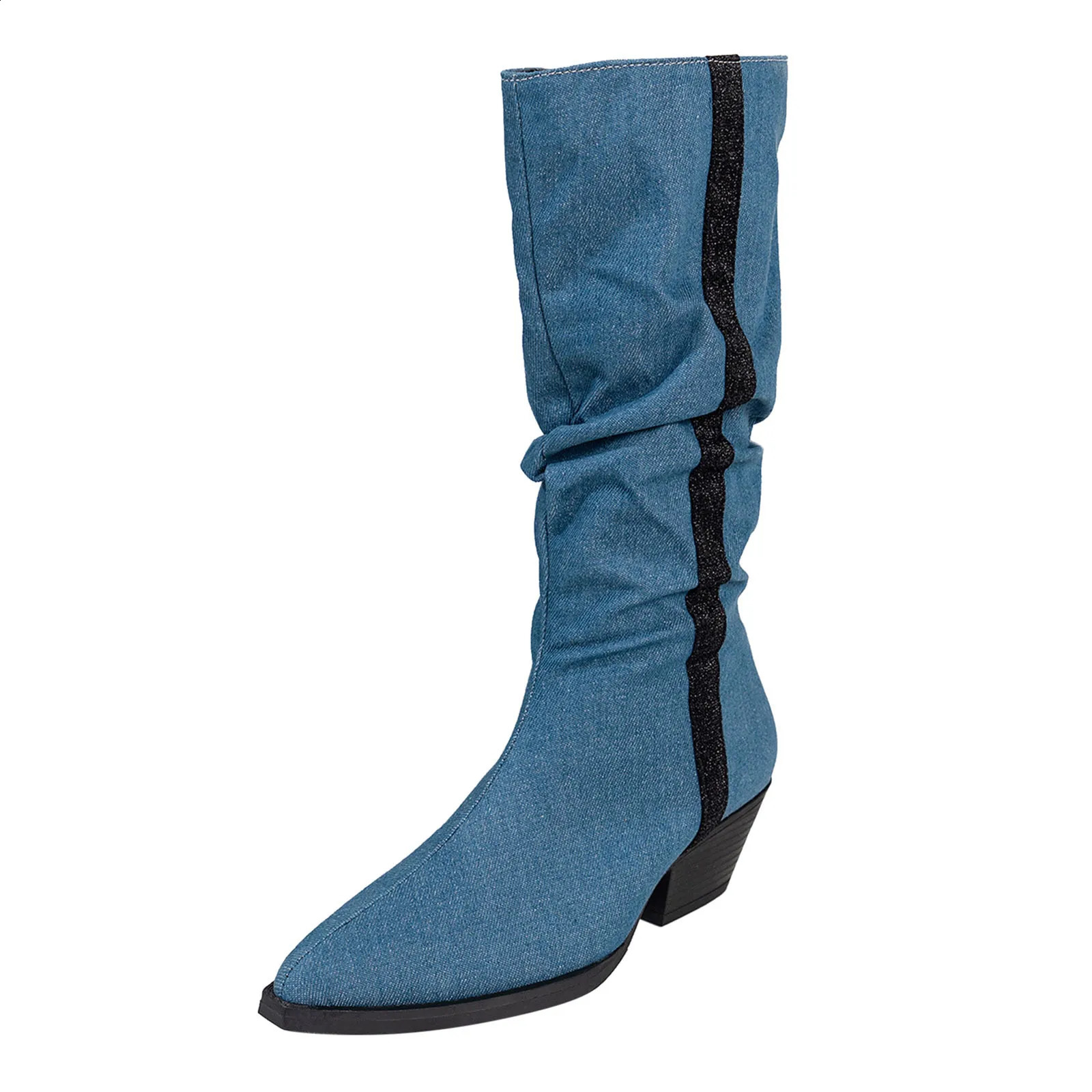 Western Vintage Mid Calf Boots For Women Fashion Retro Winter Denim Thick Heel Pointed Long Sleeve Knee Length Boots Botas 241231