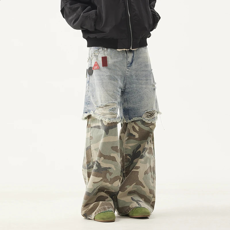 PFNW Niche Mens Jeans Washed Distressed Colorblock Splic Two Piece Loose Straight Trousers Wide Leg Pants 28W5474 241224