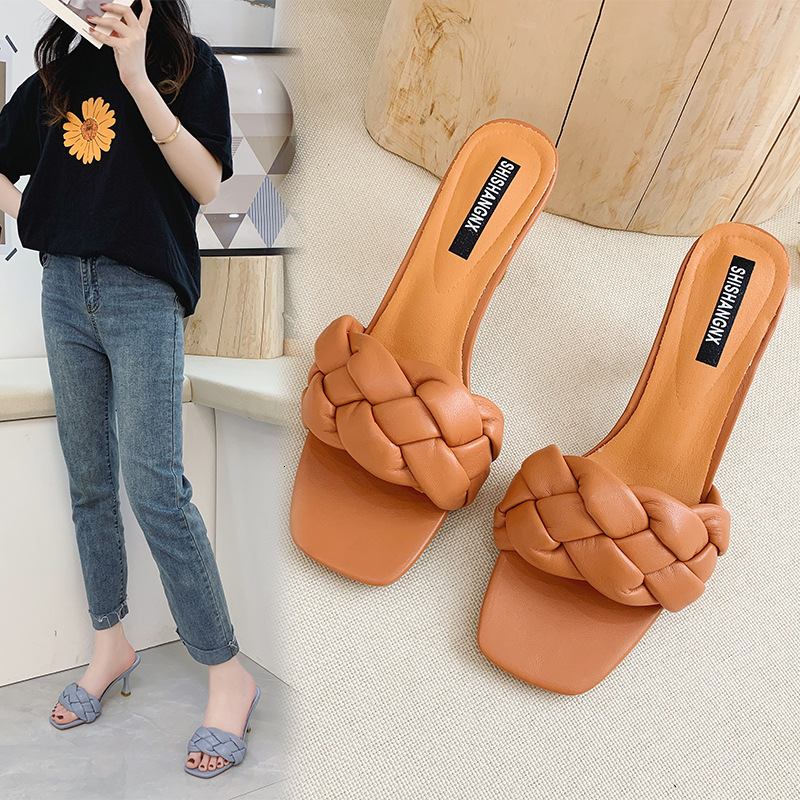 Square Ddmywed Summer Head Knitted Edition Outerwear Slippers With One Line Open Toe High Heels And Cool Dragging Women S Shoes Trendy Chinese Brand F