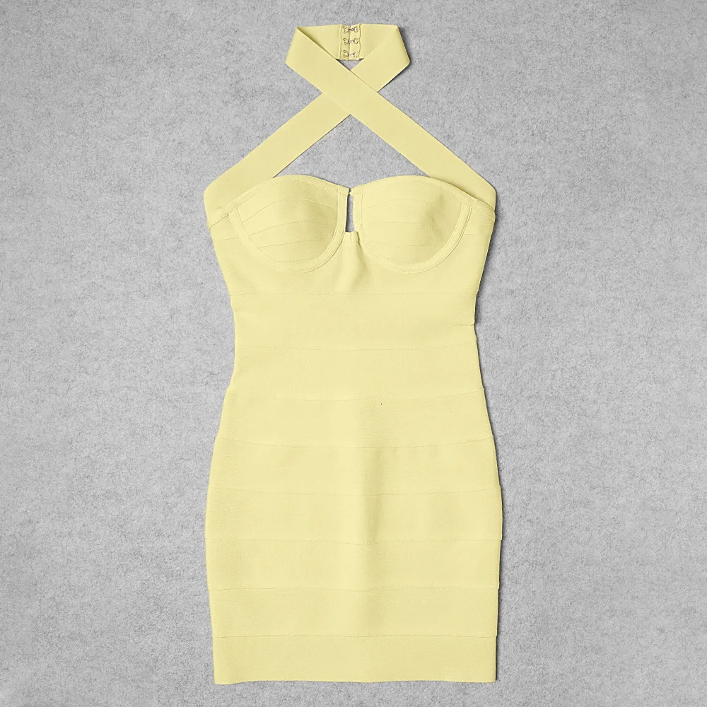 WillBeNice Summer Womens Mini Sexy Bandage Dr with Hanging Light Yellow Stripe Slvel Elegant Tight Party Dr 240617 y2505283VO2