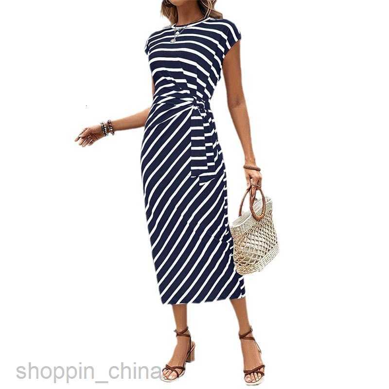 Basic Casual Dresses for Woman Elegant temperament, waist strap, striped round neck, short sleeved long dress, summer women's women's dress