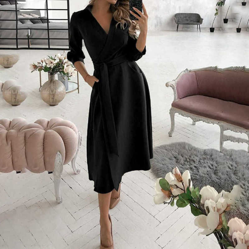 Basic Casual Dresses Woman Summer New Fashion Print Long Sleeved V-Neck Wrapped Hip Style Commuter Dress For Women