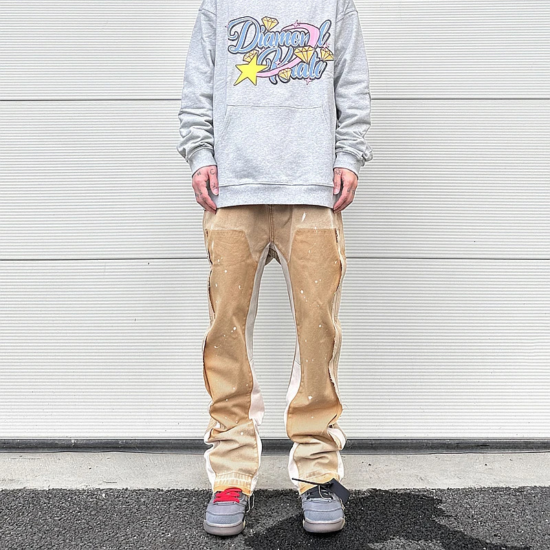 Streetwear Cleanfit Double Knee Graffiti Baggy Pants Jeans Y2k Vintage Flare Denim Men Patchwork Patches for Women Clothes 240626