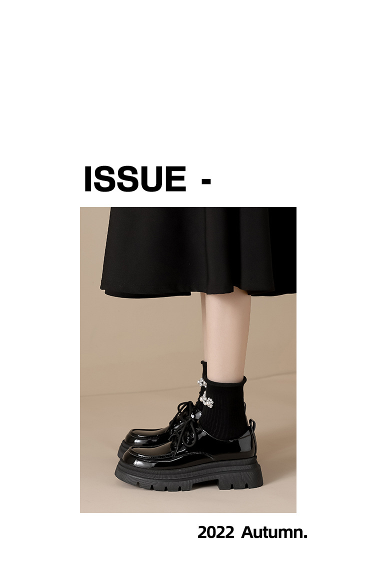 Black Classic Small Leather Shoes Women's Fall 2023 Mid-Heel Platform Leather Comfort Loafers Lace-up British Singles