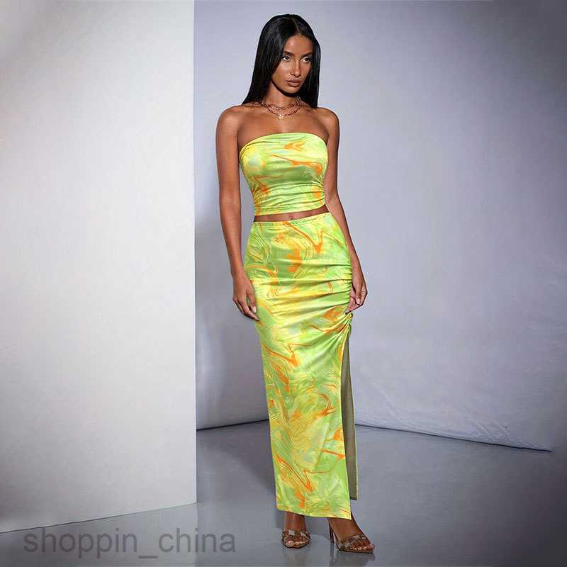 Basic Casual Dresses for Woman Tie dyed strapless slim fit slit wrapped buttocks slim fit half skirt set, summer two-piece set, women's clothing