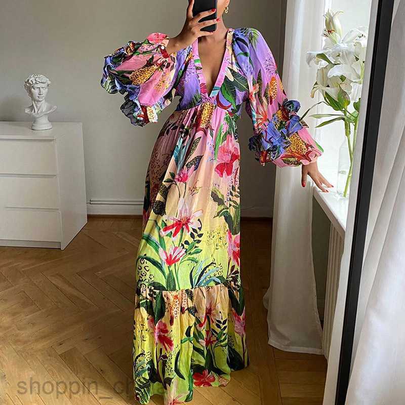 Basic Casual Dresses Women Summer New Printed Gradient Ruffle Edge V-Neck Sexy and Slim Dress