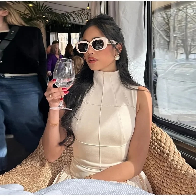 Elegant Sleeveless Women Midi Dress Fashion Slim Half High Collar Pleated Hem A-line Dresses Summer Female Solid Commuting Robe 240530