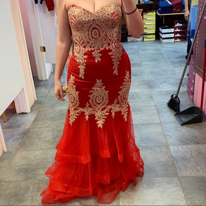 2024 Red Mermaid Prom Dresses With Gold Lace Appliques Sweetheart Neck Sleeveless Corset Plus Size Long Evening Gowns Women Formal Dress 2024