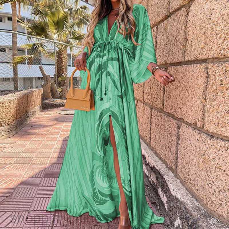 Basic Casual Dresses for Woman Summer New Vacation Style V-neck Slim Fit Print Dyed Long Dress