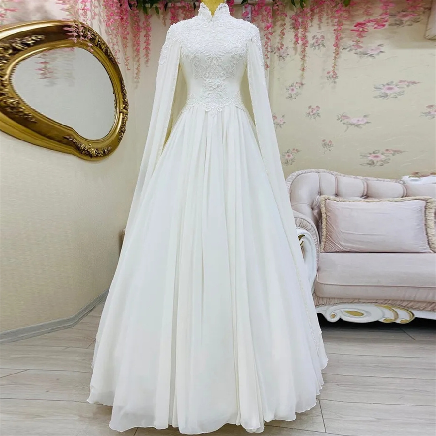 Unique Muslim Wedding Dresses 2024 Moroccan Islamic Dubai Arabic Bridal Gowns Whimsical Muslimah Bride Dress Elegant High Neck Cape Sleeves Country Ve