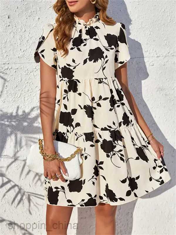 Basic Casual Dresses for Woman Women's short sleeved doll neckline, wooden ruffled leaf short dress, spring and autumn haute couture short skirt