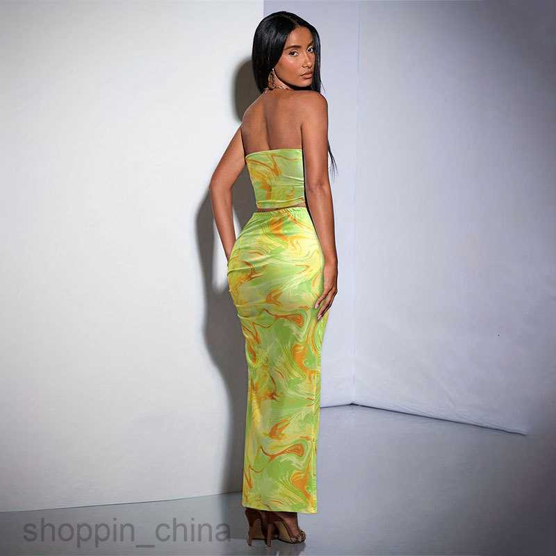 Basic Casual Dresses for Woman Tie dyed strapless slim fit slit wrapped buttocks slim fit half skirt set, summer two-piece set, women's clothing