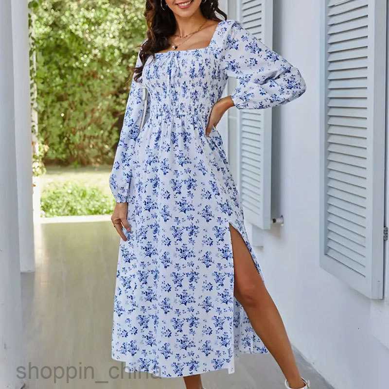 Basic Casual Dresses for Woman Spring/Summer New Romantic and Elegant Women's Dress Square Neck Tie Long Sleeve Split Flower Dress Long Dress