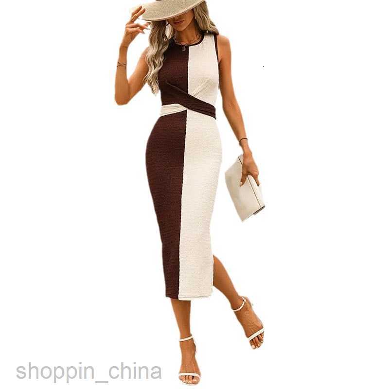 Basic Casual Dresses for Woman Jacquard knitted elastic slim fit contrasting color patchwork strap slit dress with buttocks, women's dress