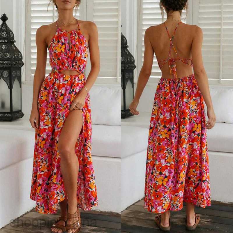 Basic Casual Dresses Women Summer Women's Wear Neck Hanging Red Print Sexy Back Waist Large Swing Beach Dress